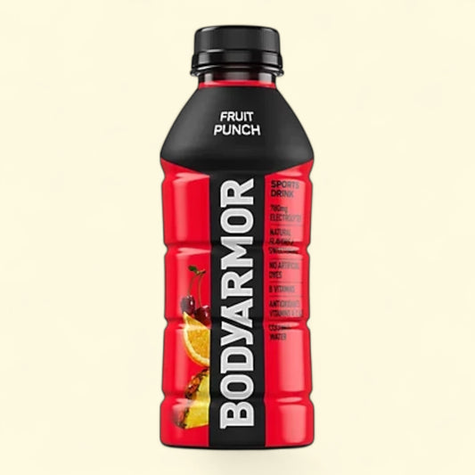 Treatspree BODYARMOR Fruit Punch Sports Drink bottle with fruit imagery, electrolytes, and vitamins.