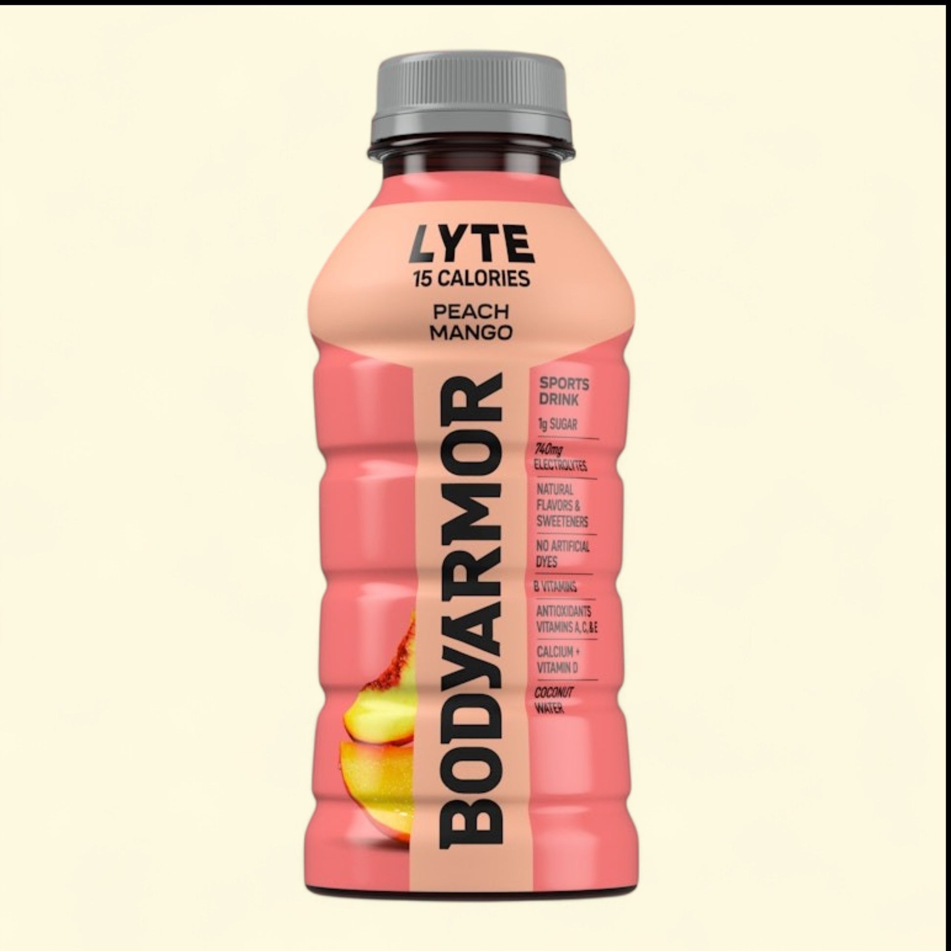 Treatspree BODYARMOR Lyte Peach Mango sports drink, 15 calories, 740mg electrolytes, B vitamins, antioxidants, calcium, vitamin D, coconut water.