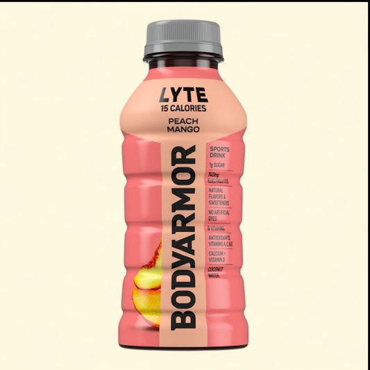 Treatspree BODYARMOR Lyte Peach Mango sports drink, 15 calories, 740mg electrolytes, B vitamins, antioxidants, calcium, vitamin D, coconut water.