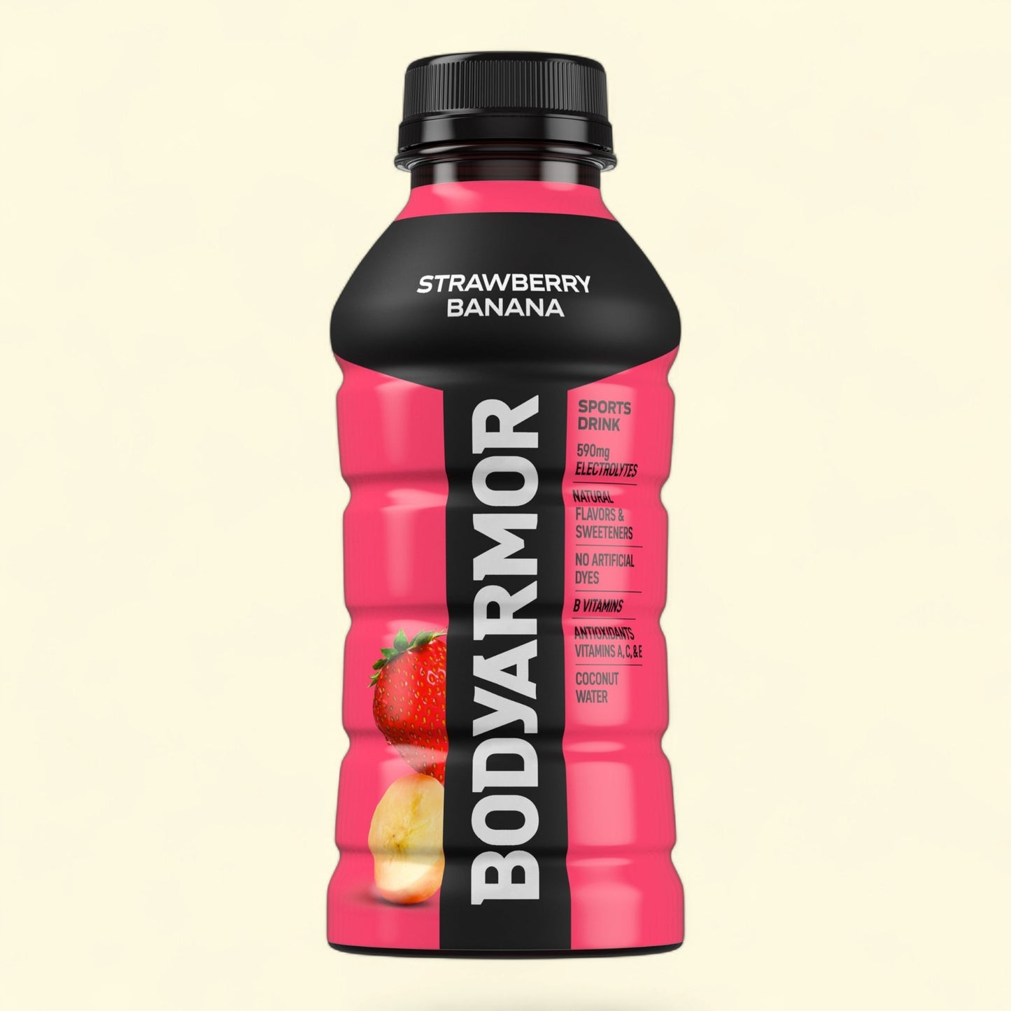 Treatspree BODYARMOR Strawberry Banana sports drink bottle with electrolytes, B vitamins, and antioxidants.