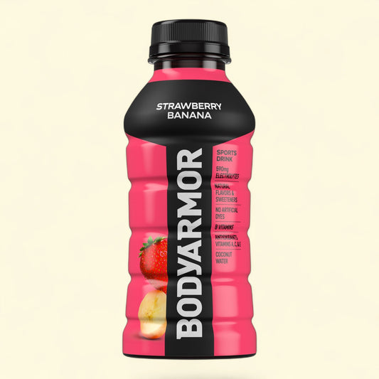 Treatspree BODYARMOR Strawberry Banana sports drink bottle with electrolytes, B vitamins, and antioxidants.