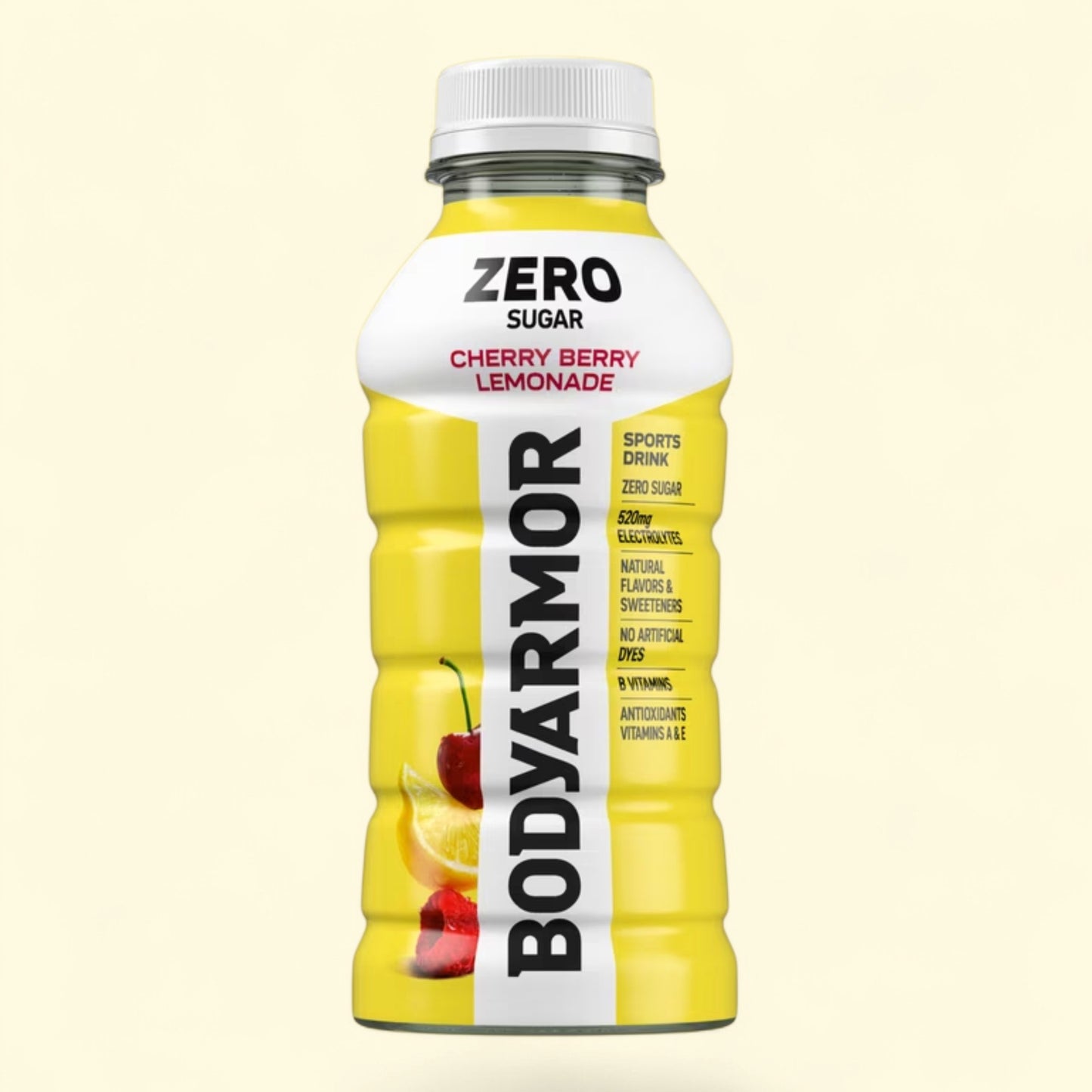 Treatspree BODYARMOR Zero Sugar Cherry Berry Lemonade sports drink bottle with cherry and lemon slices. Zero sugar, 520mg electrolytes.