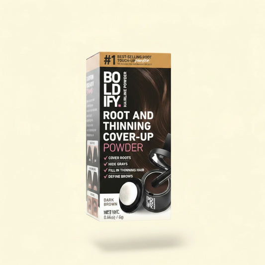 Treatspree BOLDIFY Root Touch Up Powder in Dark Brown, 4g. Conceals roots, grays, and thinning hair with a water-resistant formula.