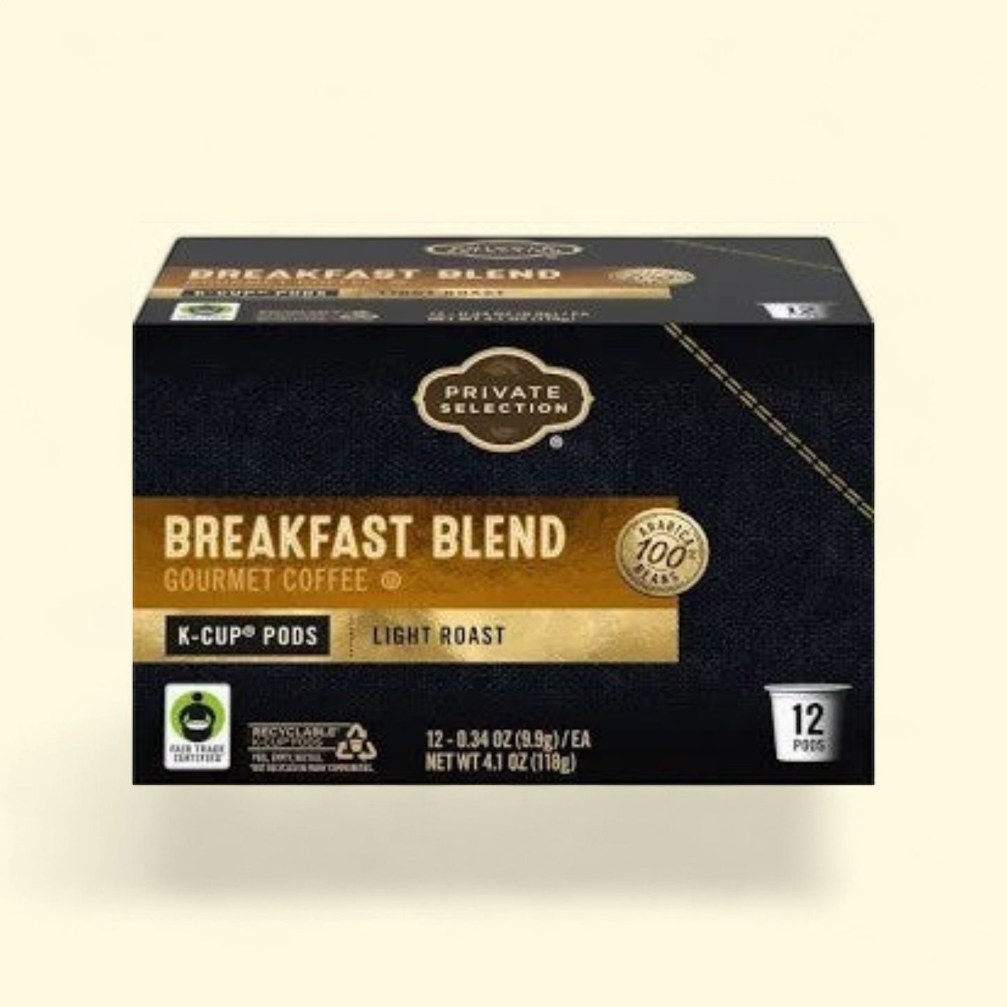 Treatspree Private Selection Breakfast Blend light roast coffee pods, 12 count, 100% arabica beans, bright and nutty flavor.