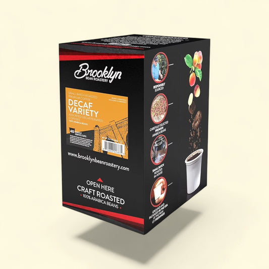 Treatspree Brooklyn Bean Roastery Decaf Variety Pack, 40 single serve cups of 100% Arabica decaffeinated coffee.
