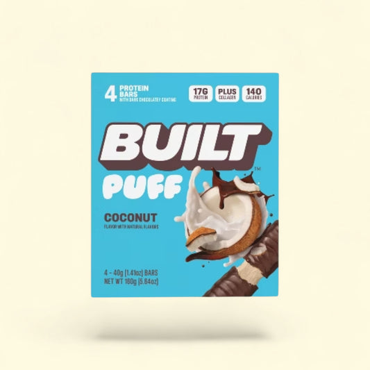 Treatspree Built Bar Coconut Puff Snack Bars, 4-count box. Protein bars with dark chocolatey coating, 17g protein, collagen, 140 calories.