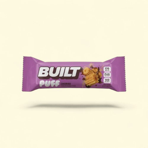 Treatspree Built Bar Puff Churro flavor protein bar with 17g protein and collagen. Gluten-free snack.