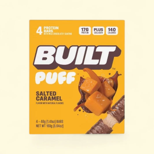 Treatspree Built Bar Salted Caramel Puff Snack Bars, 4-pack, 17g protein, 140 calories, milk chocolatey coating.