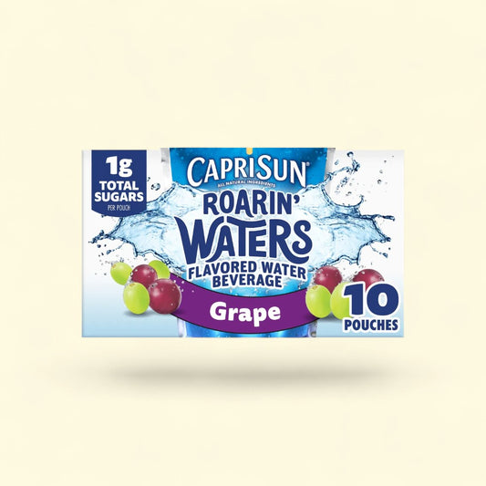 Treatspree Capri Sun Roarin' Waters Grape Geyser flavored water beverage pouches, 10 count, 1g total sugars per pouch.