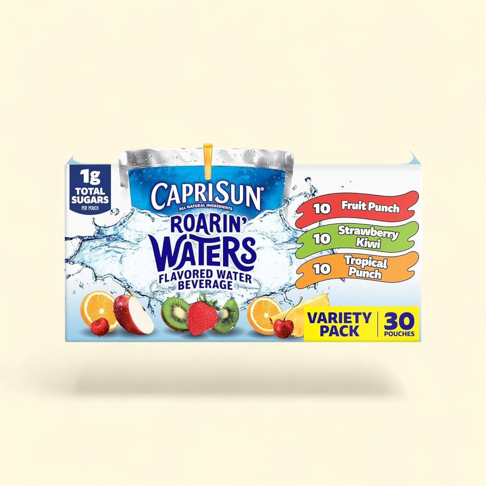 Treatspree Capri Sun Roarin' Waters Variety Pack: 10 Fruit Punch, 10 Strawberry Kiwi, 10 Tropical Punch pouches. 1g sugar per pouch.