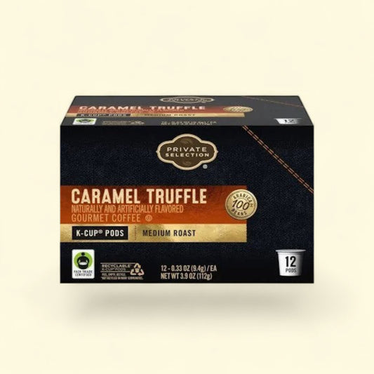 Treatspree Private Selection Caramel Truffle medium roast K-Cup pods, 12 count, 100% Arabica beans, Fair Trade Certified.