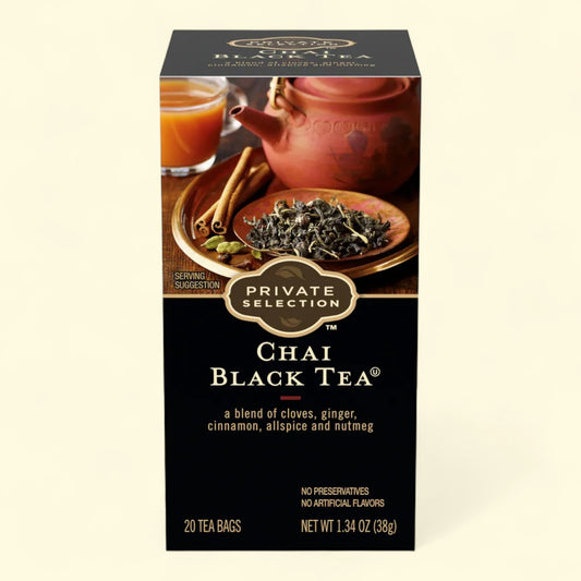 Treatspree Private Selection Chai Black Tea box with 20 wire-free teabags. Blend of cloves, ginger, cinnamon, allspice, nutmeg.