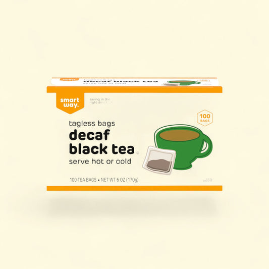 Treatspree Smart Way tagless decaf black tea bags, 100 count, for hot or cold beverages.