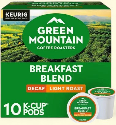 Treatspree Green Mountain Coffee Roasters Decaf Breakfast Blend light roast K-Cup pods, 10 count box with one pod shown.