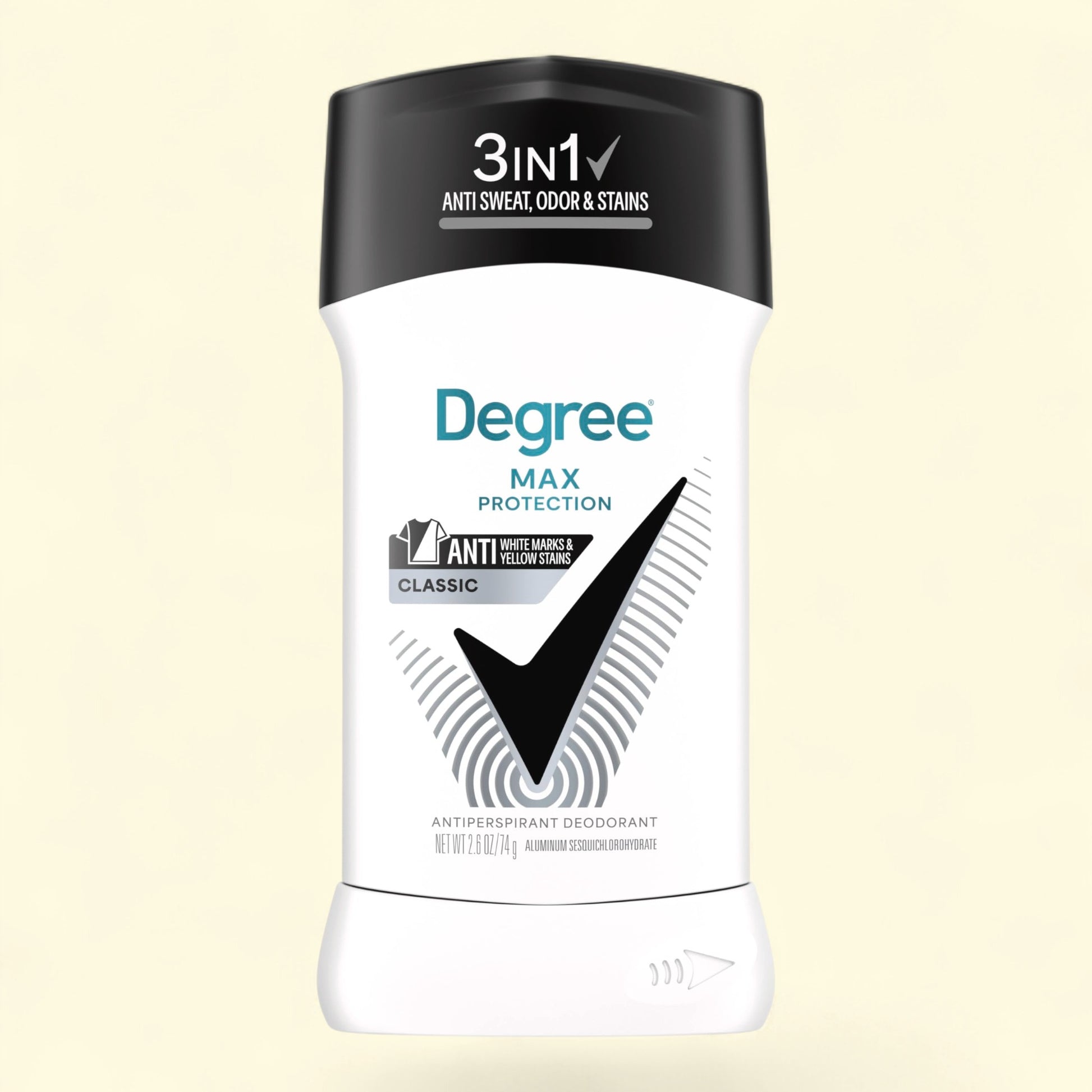 Treatspree Degree UltraClear Black+White antiperspirant deodorant stick with 3-in-1 protection against sweat, odor, and stains.