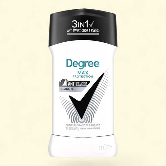 Treatspree Degree UltraClear Black+White antiperspirant deodorant stick with 3-in-1 protection against sweat, odor, and stains.