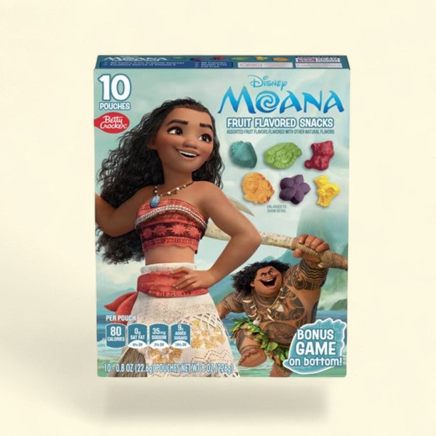 Treatspree Disney Moana Fruit Flavored Snacks box featuring Moana and Maui, with 10 pouches of assorted fruit gummies.