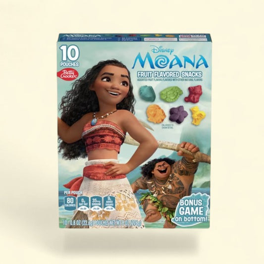 Treatspree Disney Moana Fruit Flavored Snacks box featuring Moana and Maui, with 10 pouches of assorted fruit gummies.