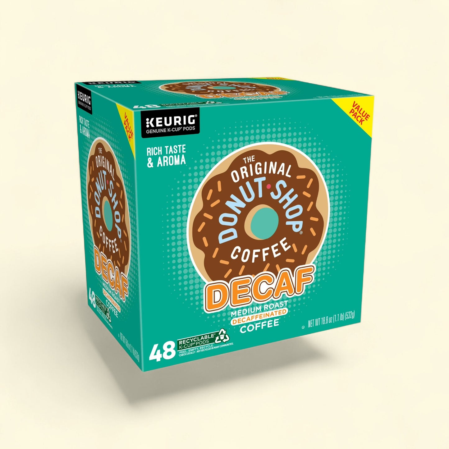 Treatspree The Original Donut Shop Decaf Medium Roast K-Cup Coffee Pods, 48 count. Features a donut graphic and teal packaging.