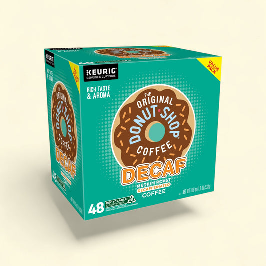 Treatspree The Original Donut Shop Decaf Medium Roast K-Cup Coffee Pods, 48 count. Features a donut graphic and teal packaging.