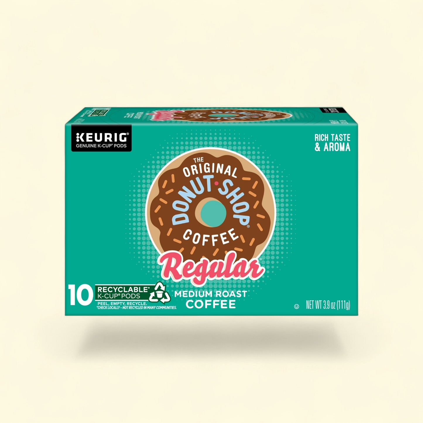 Treatspree The Original Donut Shop Decaf Medium Roast K-Cup Coffee Pods, 10 count. Features a donut graphic and recyclable pods.