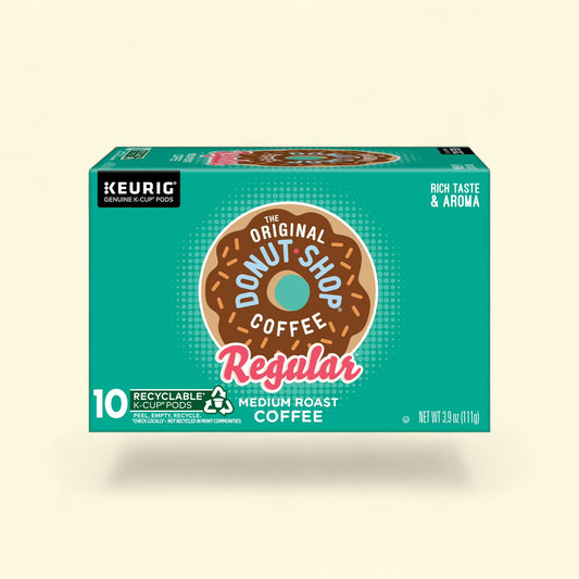 Treatspree The Original Donut Shop Decaf Medium Roast K-Cup Coffee Pods, 10 count. Features a donut graphic and recyclable pods.