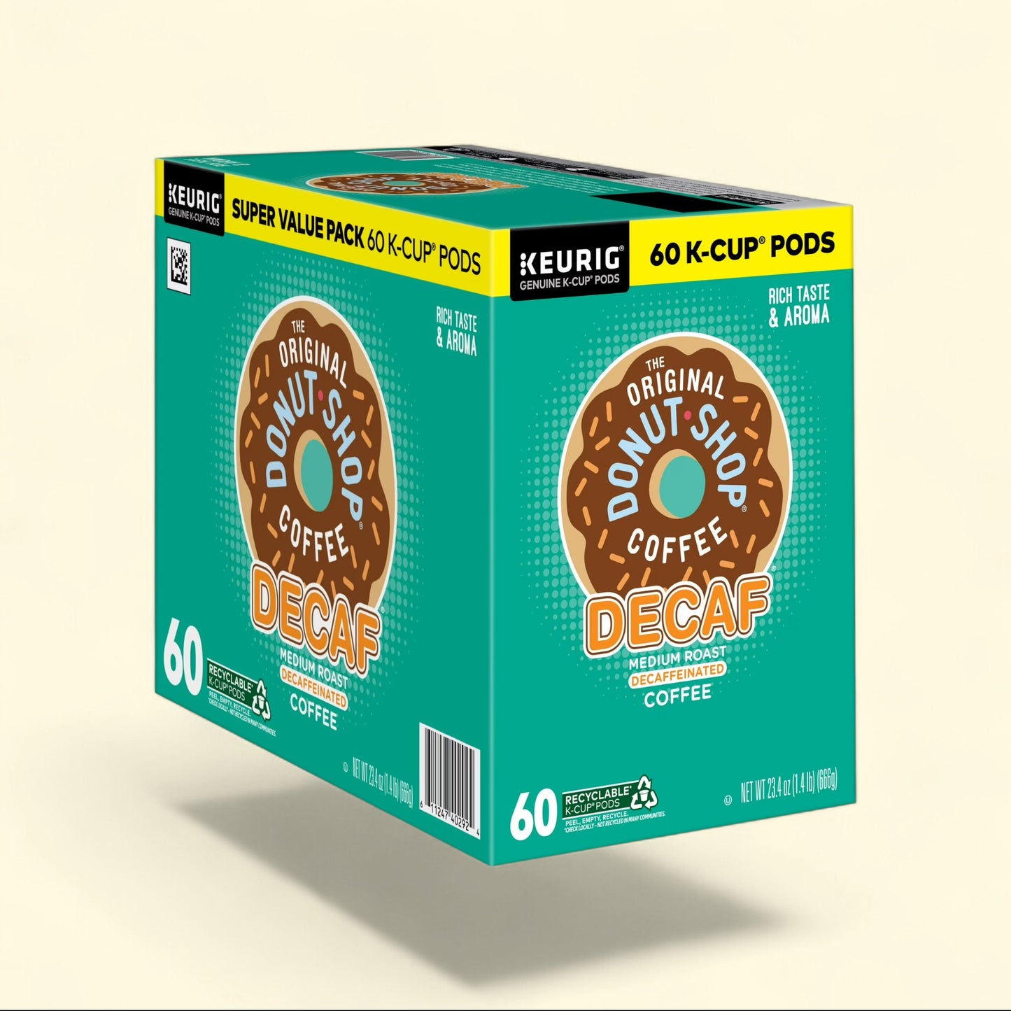 Treatspree The Original Donut Shop Decaf Medium Roast K-Cup Coffee Pods, 60 count box. Features a teal box with a donut graphic and text.