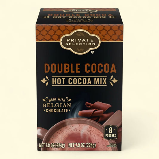 Treatspree Private Selection Double Cocoa Hot Cocoa Mix box, made with Belgian chocolate, 8 pouches, 7.9 oz.