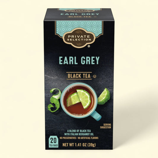 Treatspree Private Selection Earl Grey Black Tea box with 20 tea bags, infused with Italian bergamot oil.