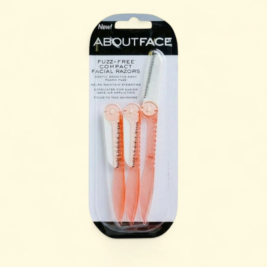 Treatspree About Face 3-count peach facial razors with folding handles for dermaplaning and eyebrow grooming.
