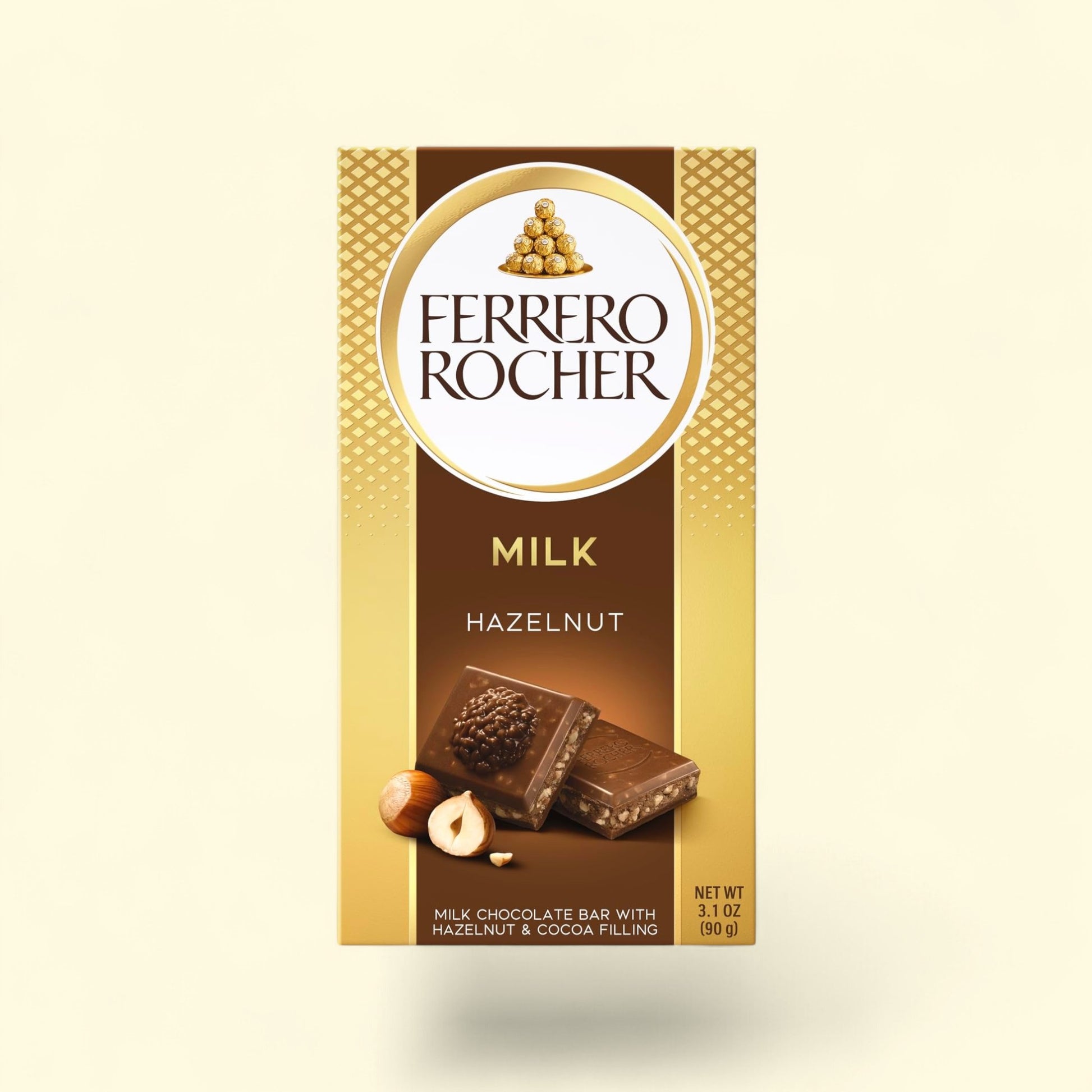 Treatspree Ferrero Rocher Milk Chocolate Hazelnut bar with crunchy hazelnut pieces and cocoa filling.