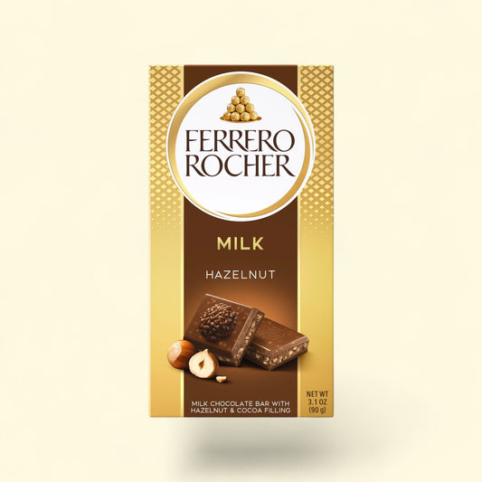 Treatspree Ferrero Rocher Milk Chocolate Hazelnut bar with crunchy hazelnut pieces and cocoa filling.