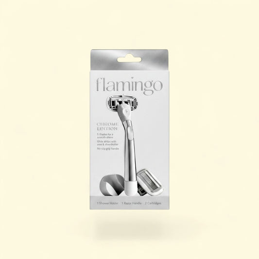 Treatspree Flamingo Chrome Edition 4-piece shaving set with ergonomic handle, 5-blade razor, and shower holder.