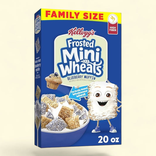 Treatspree Kellogg's Frosted Mini-Wheats Blueberry Muffin Cereal, 20 oz family size box with high fiber.