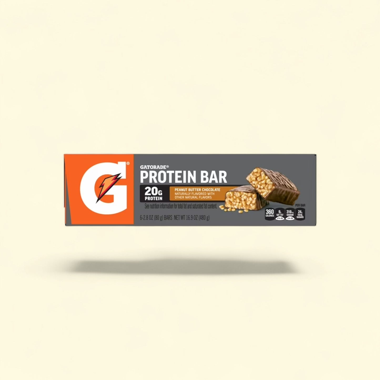 Treatspree Gatorade Protein Bar, Chocolate Peanut Butter flavor, 20g protein. Two bars shown, one whole and one broken in half.