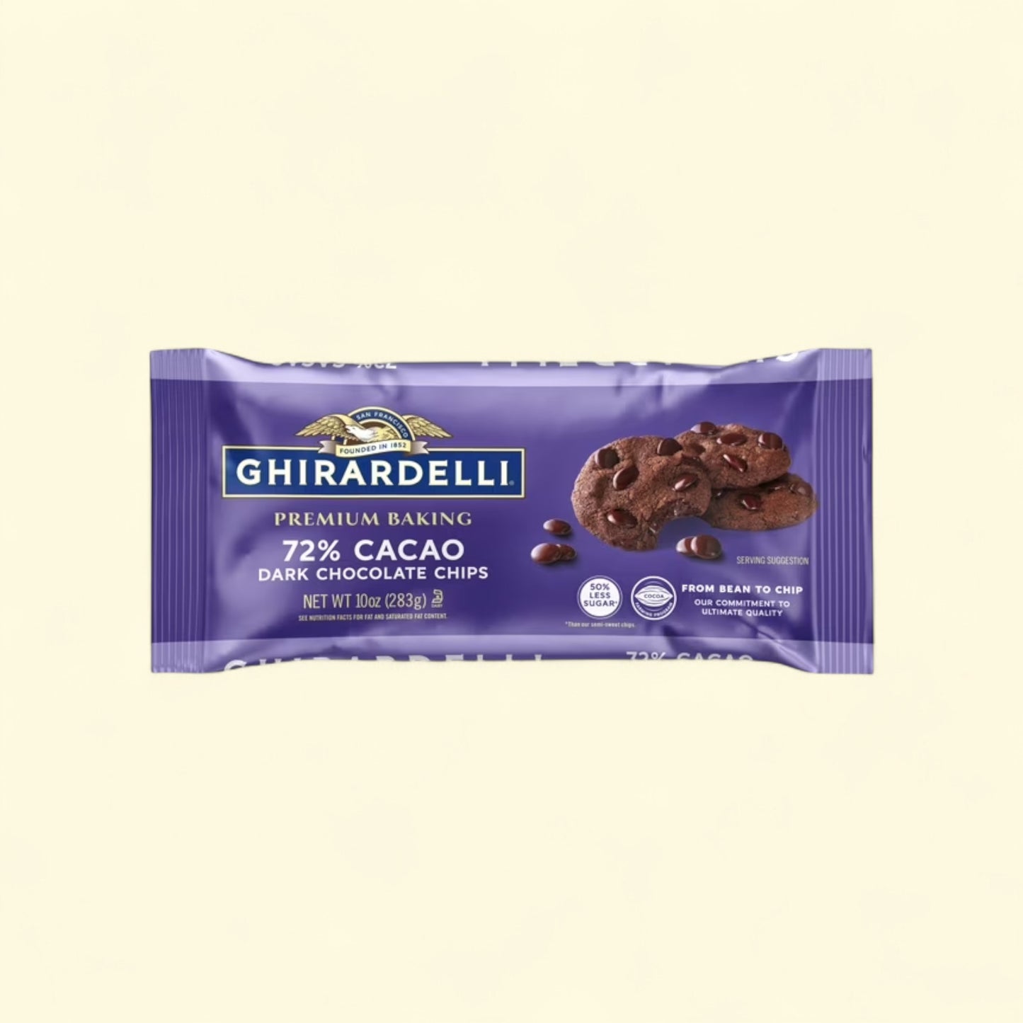 Treatspree GHIRARDELLI 72% Cacao Dark Chocolate Baking Chips, 10 oz bag with serving suggestion of chocolate chip cookies.