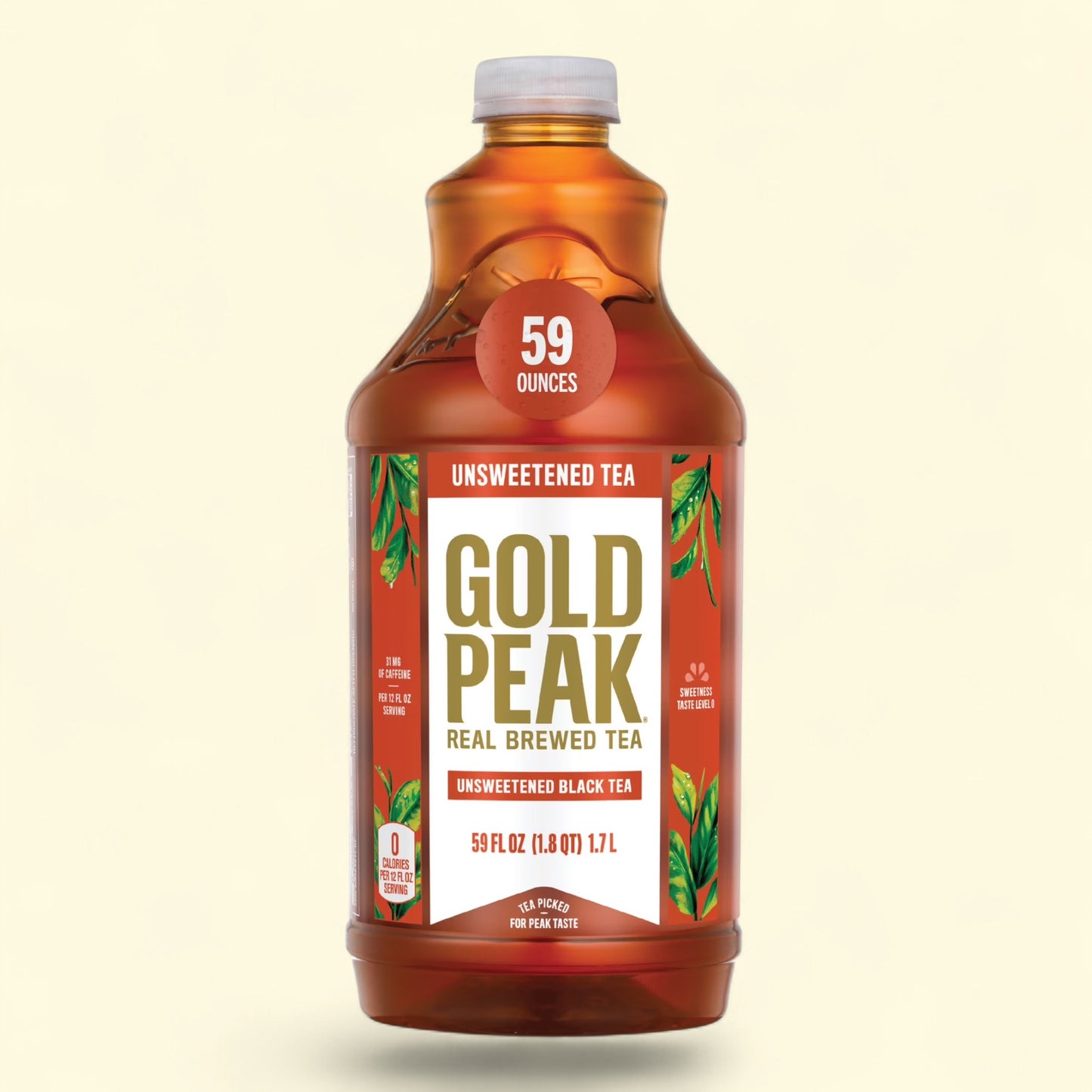 Treatspree Gold Peak Unsweetened Black Tea, 59 fl oz bottle. Real brewed tea with zero calories and 31mg of caffeine per serving.