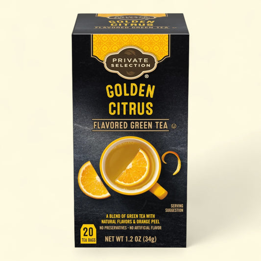 Treatspree Private Selection Golden Citrus Flavored Green Tea Bags, 20 count box with orange slices and peel.