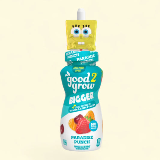 Treatspree Good2Grow Bigger Paradise Punch juice drink bottle with Spongebob character top. Contains no added sugar.