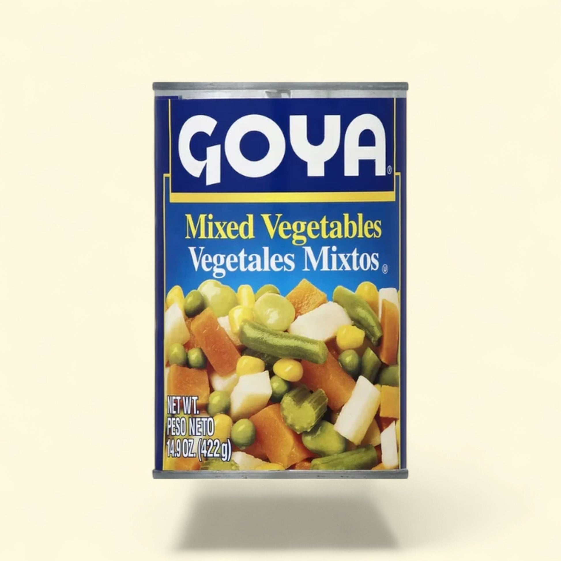 Treatspree GOYA Mixed Vegetables canned product featuring peas, carrots, corn, potatoes, and green beans.