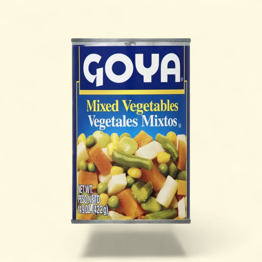 Treatspree GOYA Mixed Vegetables canned product featuring peas, carrots, corn, potatoes, and green beans.