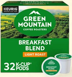 Treatspree Green Mountain Coffee Roasters Breakfast Blend light roast K-Cup coffee pods, 32 count box with two pods shown.