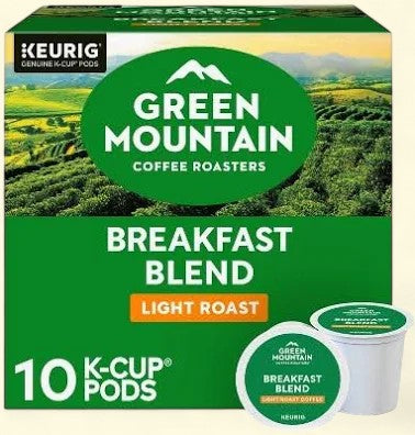 Treatspree Green Mountain Coffee Roasters Breakfast Blend light roast K-Cup pods, 10 count.