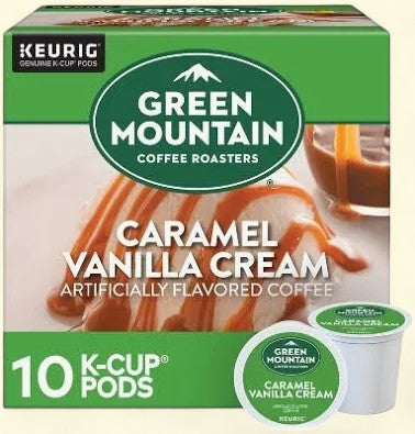 Treatspree Green Mountain Coffee Roasters Caramel Vanilla Cream K-Cup Pods, 10 count box with two pods shown.
