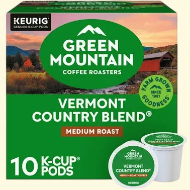 Treatspree Green Mountain Coffee Roasters Vermont Country Blend medium roast K-Cup coffee pods, 10 count. Features a scenic Vermont landscape on the box.