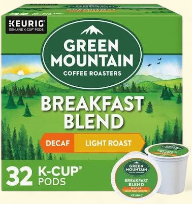 Treatspree Green Mountain Coffee Roasters Decaf Breakfast Blend light roast K-Cup pods, 32 count box with landscape.
