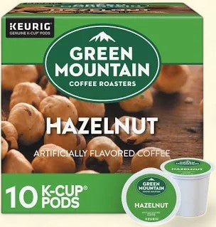 Treatspree Green Mountain Coffee Roasters Hazelnut Light Roast K-Cup Coffee Pods, 10 count box with two pods shown.