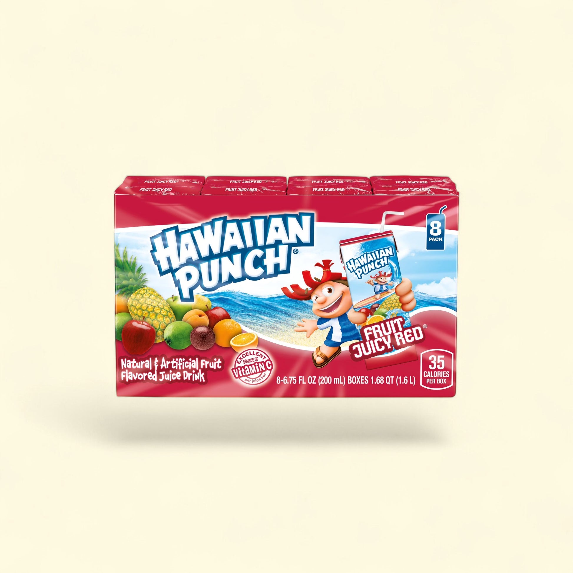 Treatspree Hawaiian Punch Fruit Juicy Red Juice Drink 8-pack boxes with assorted fruits and a cartoon character.
