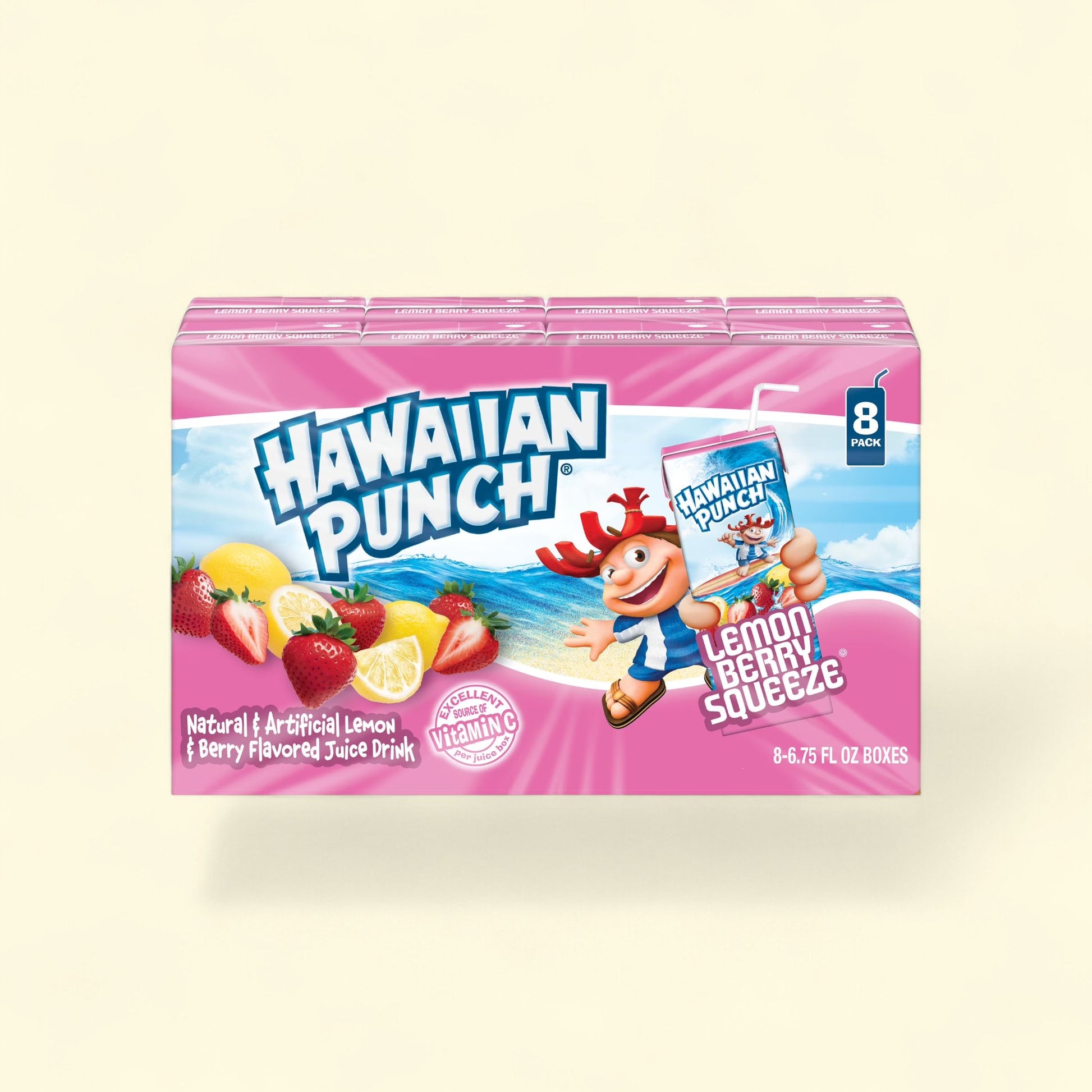 Treatspree Hawaiian Punch Lemon Berry Squeeze juice drink 8-pack. Features strawberries, lemons, and the mascot on a beach.