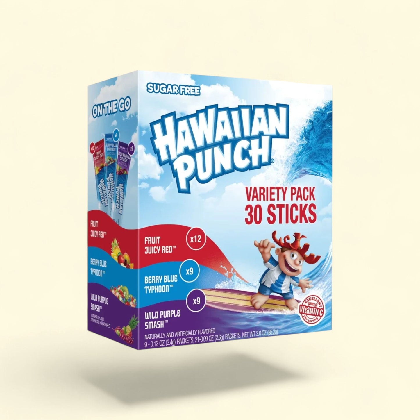 Treatspree Hawaiian Punch Sugar Free Drink Mix Sticks Variety Pack, 30 sticks with Fruit Juicy Red, Berry Blue Typhoon, and Wild Purple Smash flavors.